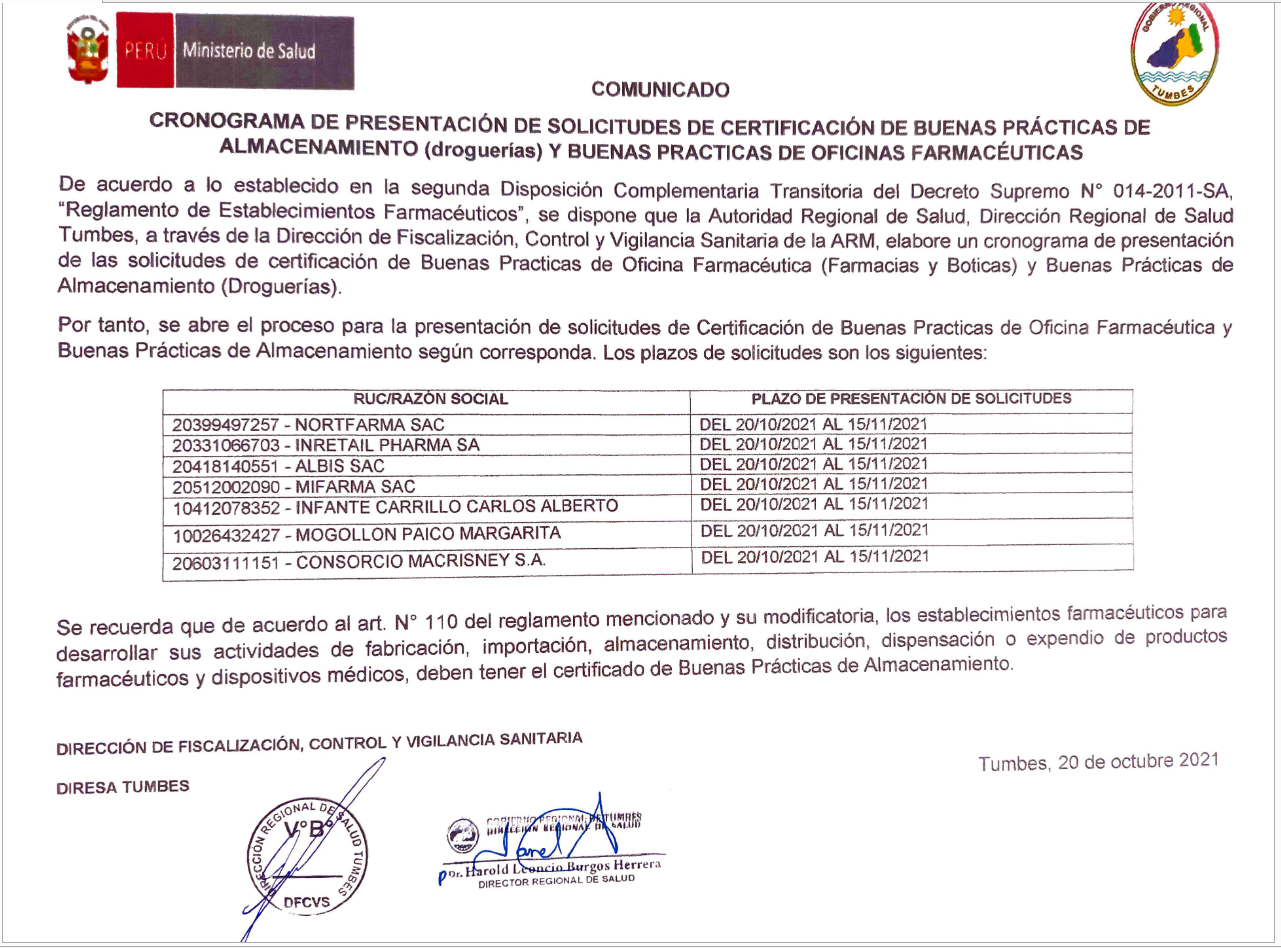 CRONOGRAMA DE PRESENTACION DE SOLICITUDES DE CERTIFICACION DE BUENAS PRACTICAS DE ALMACENAMIENTO
